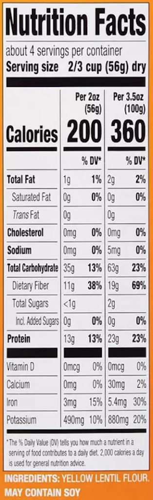 Yellow Lentil Penne Nutrition Facts