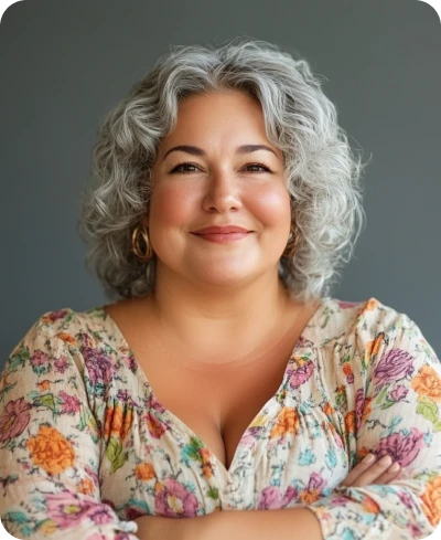 Smiling woman with gray curly hair representing Enara Health patient