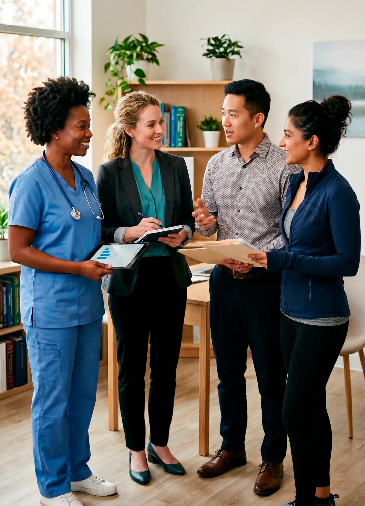 Care team and patients discussing prior authorization paperwork in a clinic