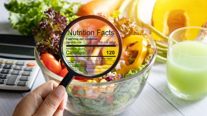 magnifying glass on label over bowl of salad